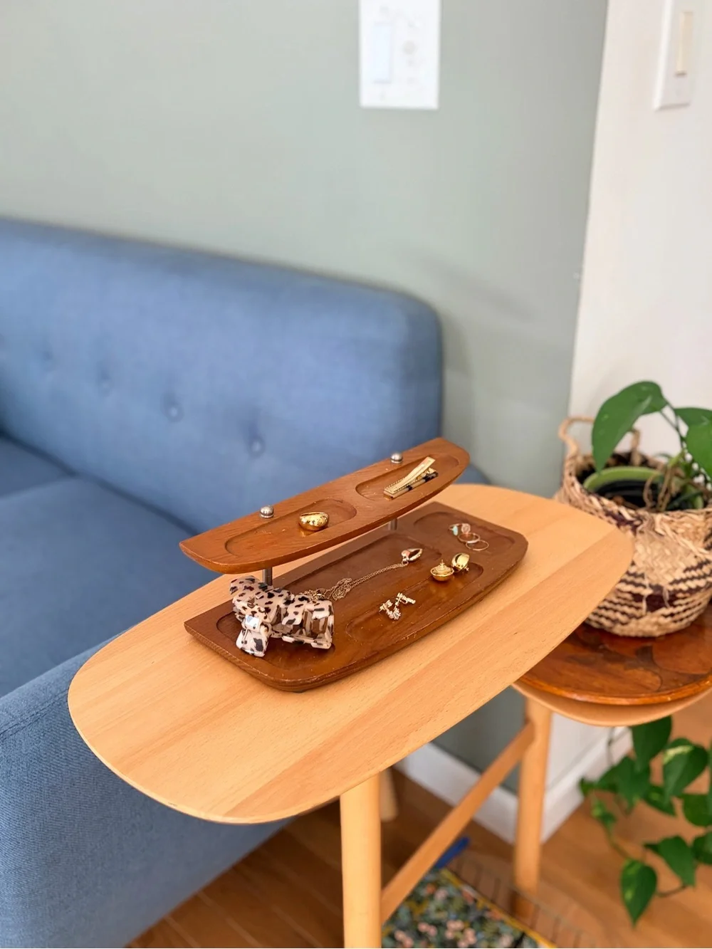 Vintage 1960s MCM Wood Valet Tray | Tiered Dresser Organizer | Dark Wood Catchal